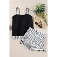 Black Striped Patchwork Side Drawstring Bottoms Tankini Set - S thumbnail
