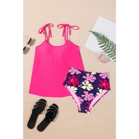 Rose Red Tie Shoulder Floral Print Cute Tankini Set - M thumbnail