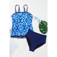 Navy Blue Abstract Print Frilled Trim Spaghetti Straps Tankini Set - L thumbnail