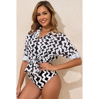 Black Stripe Print Loose Fit Open Front Beach Cover Up - M thumbnail