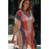 Multicolor Striped Tassel Crochet V Neck Beach Cover Up - L thumbnail