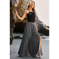Black Printed Striped Printed Slit Wide Leg High Waist Pants - XL thumbnail