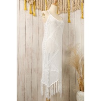 White Crisscross Knot Back Hollow Out Tasseled Beach Dress - S thumbnail