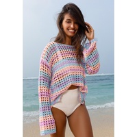 Purple Multi Stripe Open Knit Sweater Beach Cover Up - S thumbnail