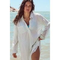 White Stripe Collared V Neck Chest Pocket Long Sleeve Beach Cover up - L thumbnail