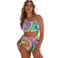 Multicolor Abstract Swirl Print Asymmetric Cutout One Piece Swimsuit - XL thumbnail