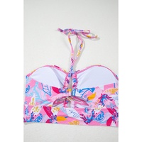 Pink Floral Printed Halter Neck High Waist Bikini - M thumbnail