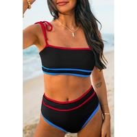 Black Triple Color Trimmed High Waist Bikini Set - 2XL thumbnail