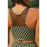 Green Dotted Mesh Plaid Patchwork High Waisted Bikini - S thumbnail