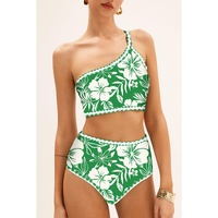 Green Floral Print One Shoulder High Waist Bikini Set - L thumbnail
