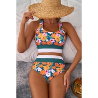 Green Floral Print Racerback Cutout High Waist 2pcs Bikini - L thumbnail