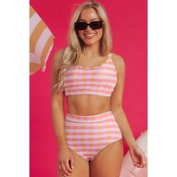 Pink 3pcs Gingham High Waist Bikini & Sarong - XL thumbnail