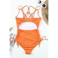 Orange Adjustable Straps Ribbed Knit One Piece Swimsuit - S thumbnail