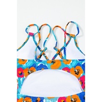 Sky Blue Orange Adjustable Straps Ribbed Knit One Piece Swimsuit - L thumbnail