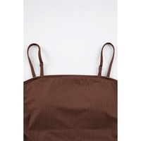 Coffee Ribbed Drawstring Sides Cutout One Piece Swimsuit - L thumbnail