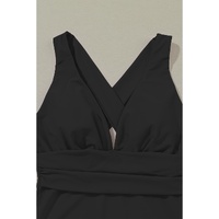 Black Deep V Neck Crossover Backless Ruched High Cut Monokini - M thumbnail
