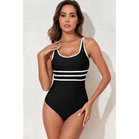 Black Contrast Trim Colorblock U Neck One Piece Swimwear - 2XL thumbnail