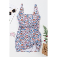 Pink Drawstring Ruched Floral Swim Dress - S thumbnail