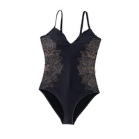 Black Petal Print Crisscross Back Spaghetti Straps Swimsuit - S thumbnail