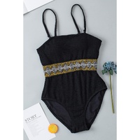Black Geometric Trim High Waist Strapless One Piece Swimsuit - S thumbnail