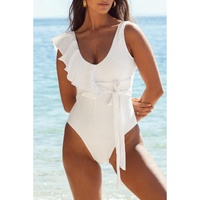 White Asymmetric Ruffle Trim Tie Waist One Piece Swimsuit - M thumbnail