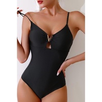 Black Spaghetti Straps Metal V Decor One-Piece Swimsuit - S thumbnail