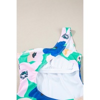 Green Floral Print Ruched Cut Out One Shoulder Monokini - M thumbnail