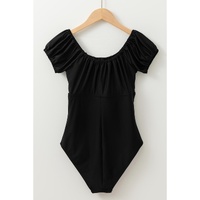 Black Elastic Neckline Short Sleeve One Piece Swimsuit - L thumbnail