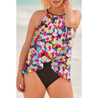 Purple Floral Print O Neck Open Back One Piece Swimsuit - L thumbnail