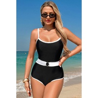 Black Contrast Trim Two Tone Belted One Piece Swimsuit - XL thumbnail