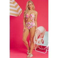 Red Floral Ruffle Trim Cutout Knotted One Piece Swimsuit - 2XL thumbnail