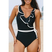 Black Color Contrast Ruffled Wrap V Neck Swimsuit - L thumbnail