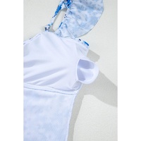 Blue Floral Ruffled Strap Lace-up Hollow Out One Piece Swimsuit - M thumbnail
