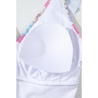 Pink Floral Ruffle Trim V Neck Lace-up Back Tummy Control One Piece Swimsuit - S thumbnail