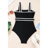 Black Colorblock Edge Belted One Piece Swimsuit - M thumbnail