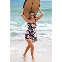 Black Floral Print Twisted Hollowed Back Swim Dress - L thumbnail