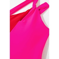 Rose Red Knotted One Shoulder Two Tones Backless One Piece Swimsuit - L thumbnail