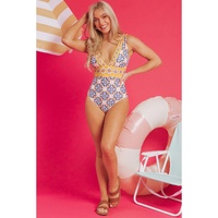 Yellow Floral Print V Neck One Piece Swimsuit - M thumbnail