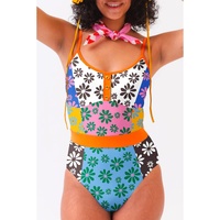 Orange Floral Colorblock Buttoned Decor Front Spaghetti Straps Teddy Swimsuit - L thumbnail