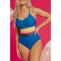 Prussian Blue Contrast Stripe Accent Crisscross One Piece Swimwear - 2XL thumbnail