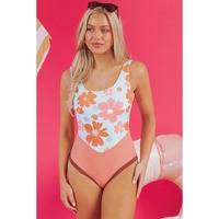 Orange Floral Patchwork Backless One Piece Swimsuit - L thumbnail