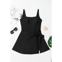Black Side Tied Waist Square Neck Adjustable Straps A-line One Piece Swim Dress - L thumbnail