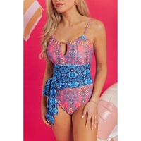 Blue Geometric Print Hollow Out Knotted Waist One Piece Swimsuit - L thumbnail