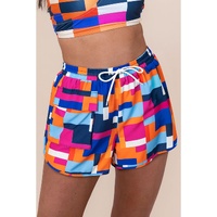 Rose Geometric Printed Drawstring Waist Beach Shorts with Pockets - M thumbnail