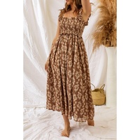 Brown Ruffled Straps Smocked Floral Maxi Dress - XL thumbnail