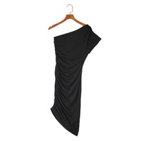Black One-shoulder Short Sleeve Ruched Bodycon Dress - M thumbnail