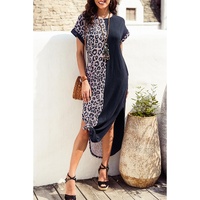 Black Contrast Solid Leopard Short Sleeve T-shirt Dress with Slits - S thumbnail