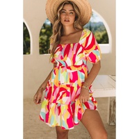 Multicolor Geometric Print Smocked Babydoll Mini Dress - S thumbnail
