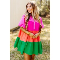 Multicolor Color Block Tiered Puff Sleeve Dress - S thumbnail