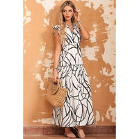 White Abstract Vein Print V Neck Ruffle Maxi Dress - XL thumbnail